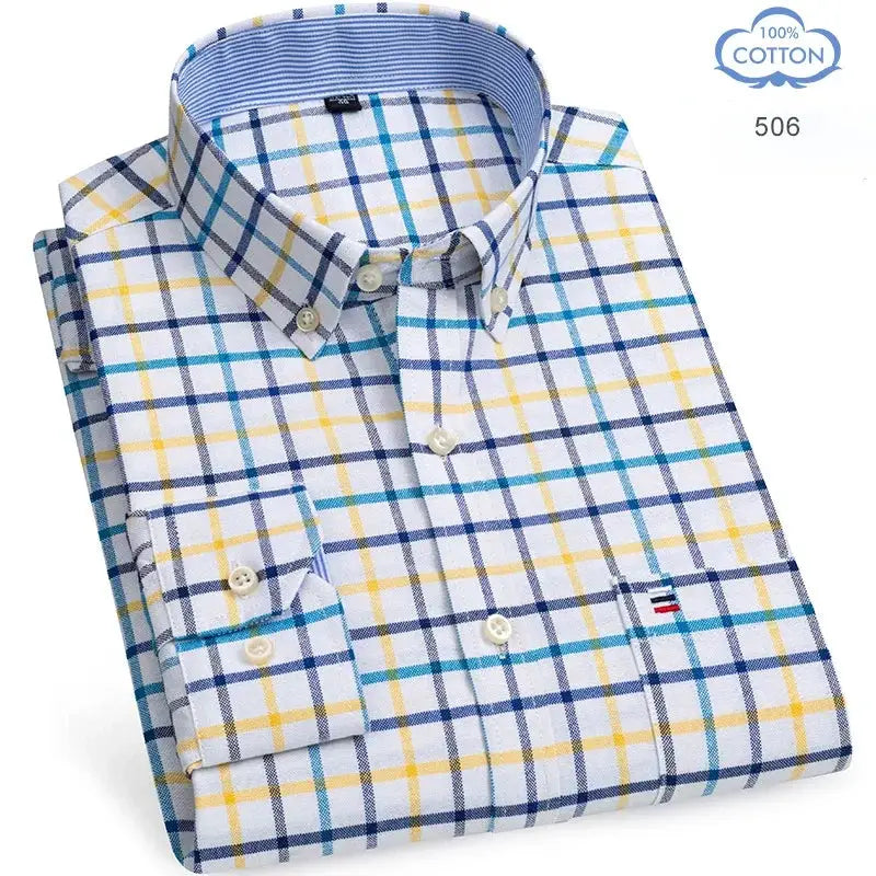 Men's plaid cotton Oxford shirt, long sleeve with blue, yellow and white plaid and button-down collar