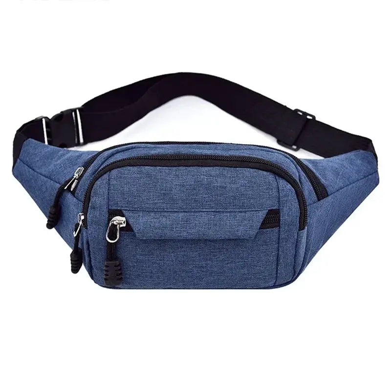 Blue denim-style waist bag with multiple zip pockets and an adjustable black belt strap.