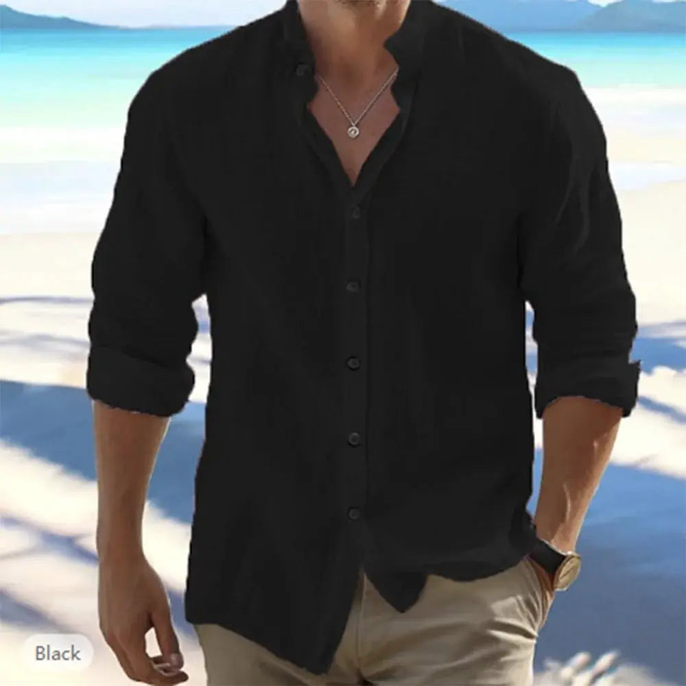 Cotton Linen Mens Long Sleeve Shirt Stand Up Collar Casual Beach Summer Solid Color Plus Size