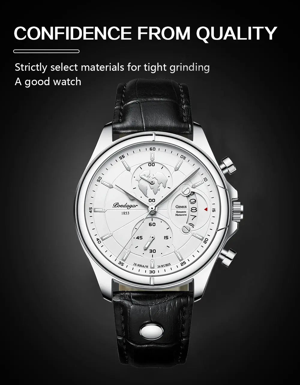 Poedagar luxury men's wristwatch with white chronograph dial, date display, silver case, black leather strap