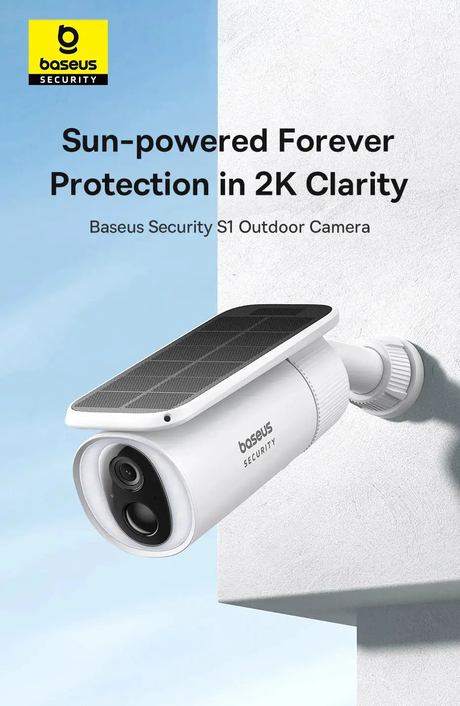 Baseus Security S1 outdoor solar-powered camera, wall-mounted; white body with solar panel, 2K clarity