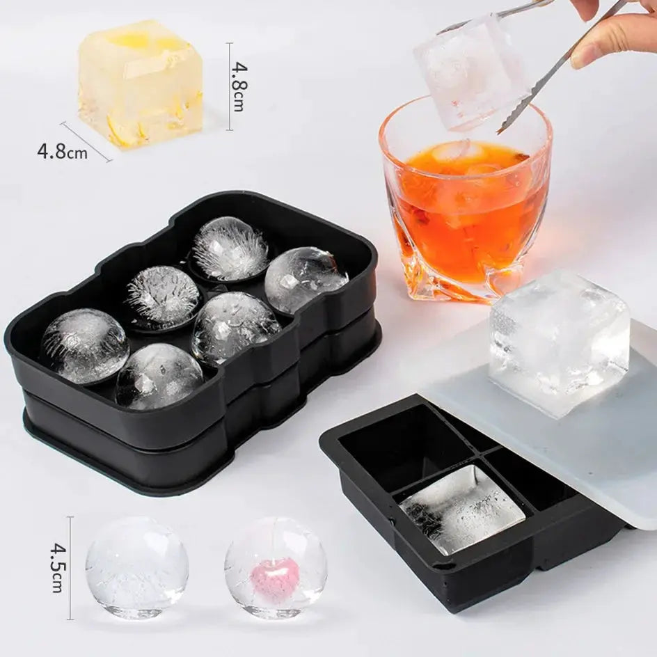 Simples Market silicone ice cube mold set with lids, black, 4/6/8 grid; two trays shown