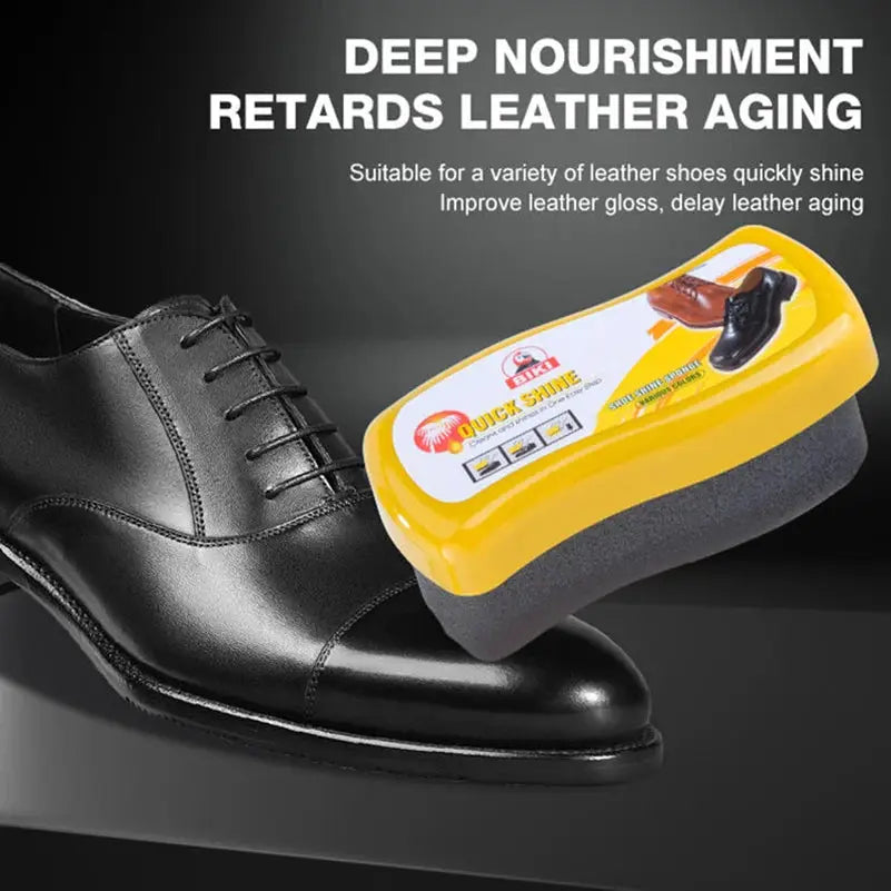 Simples Market shoe shine sponge for genuine, synthetic, and imitation leather; yellow top with black foam pad.