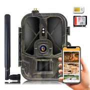 Night vision hunting camera with 4G antenna in camouflage, 8000mAh battery, SD and SIM cards; phone app shown.