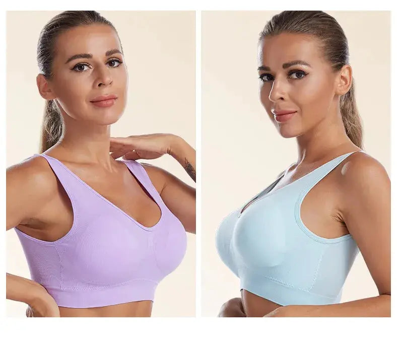 Simples Market plus-size wireless seamless bra; lavender and baby blue, two bras shown.