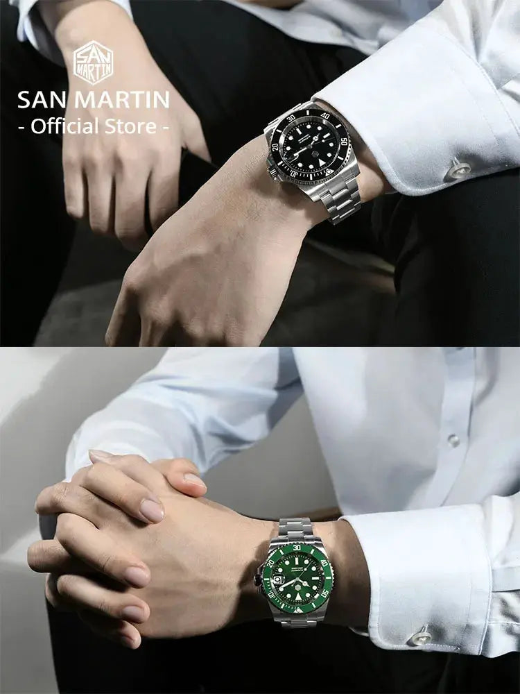 San Martin 40mm Water Ghost Diver Watch pair on stainless steel bracelets; black-dial top and green-bezel bottom.