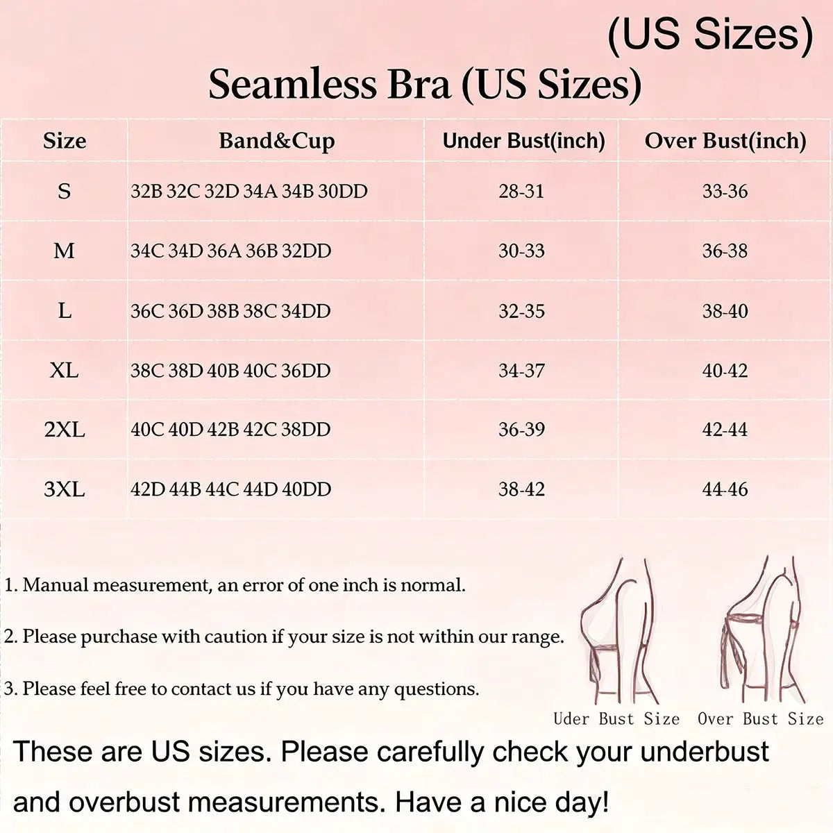 Seamless bra US sizes size chart on pink background showing underbust and overbust measurements.