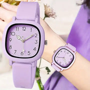 Set of two purple silicone-band women's quartz watches with square dials and Arabic numerals
