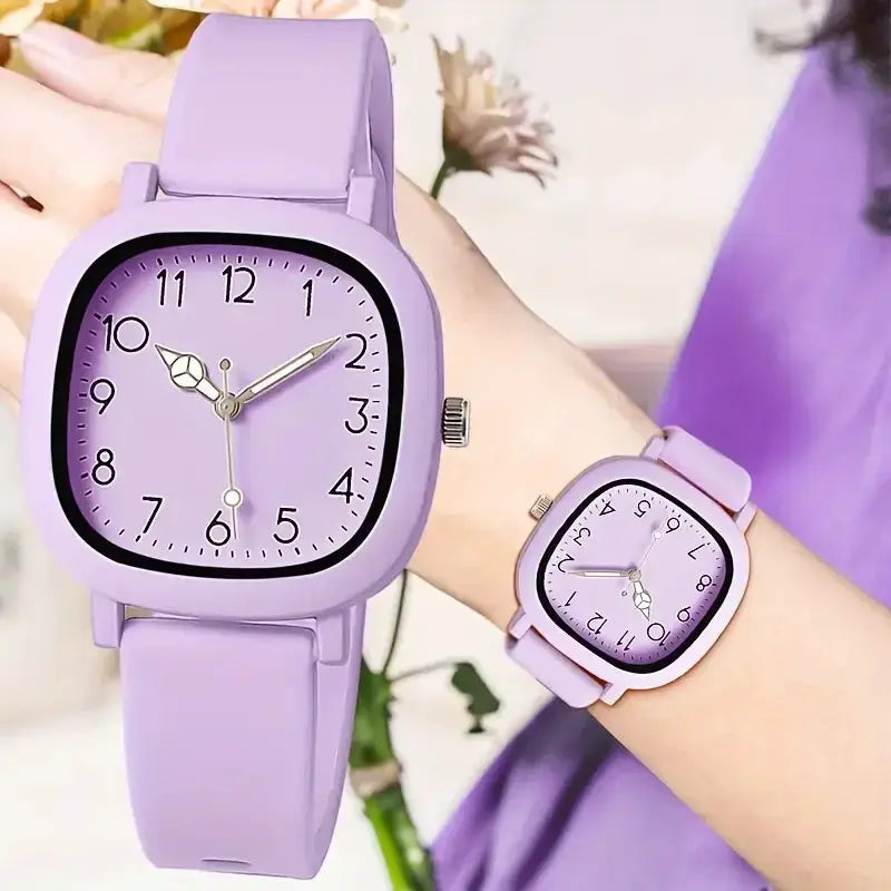 Set of two purple silicone-band women's quartz watches with square dials and Arabic numerals