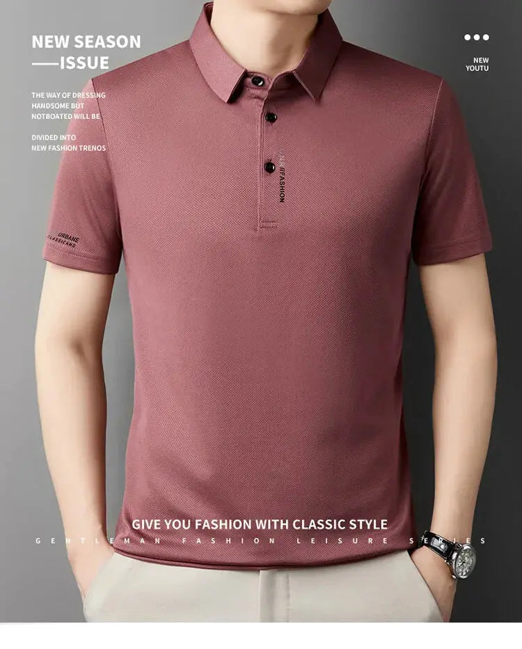 Men's ice silk polo shirt, mauve pink, short sleeves; casual summer golf top