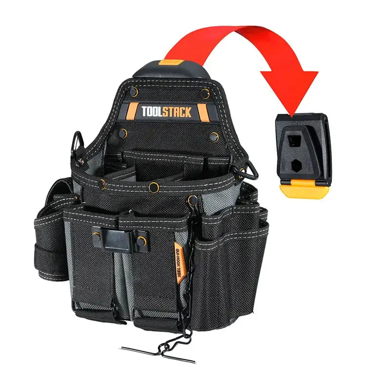 TOOLSTACK waist tool bag by Simples Market, black high-capacity, multi-pocket electrician storage pouch.