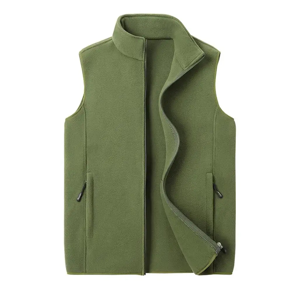 Men's olive green fleece waistcoat vest with stand collar and zip pockets
