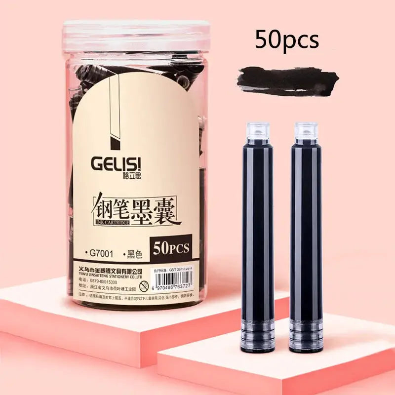 GELIS fountain pen ink cartridge set, 50pcs black/blue universal, large-capacity for calligraphy and student writing