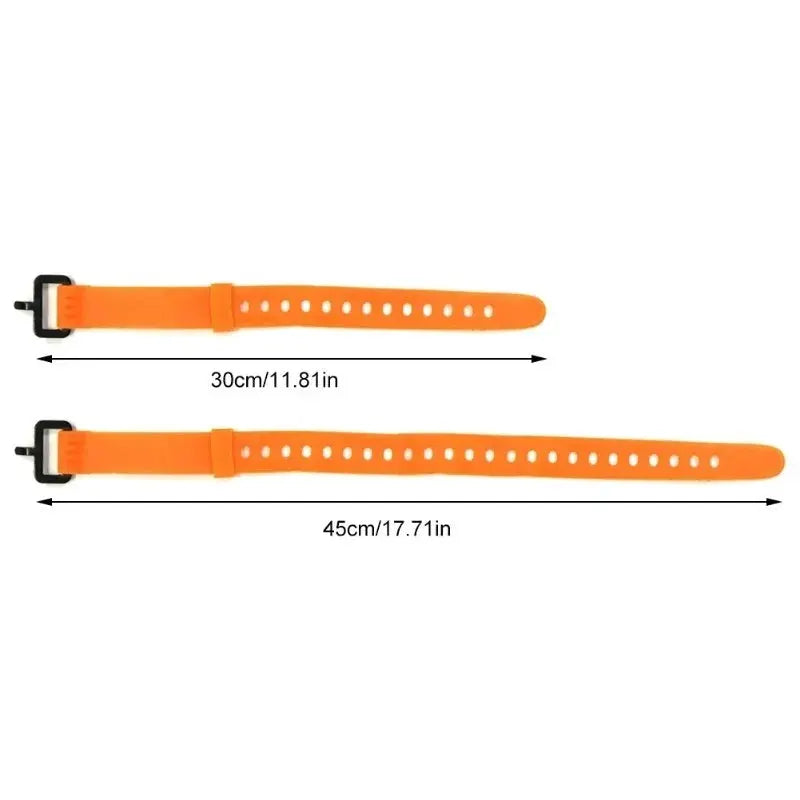 Two orange rubber tension straps with black buckles, 30cm and 45cm, adjustable cargo ties for luggage