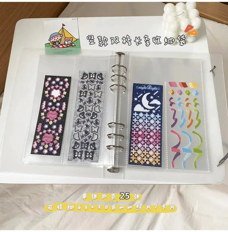 Yoofun A5 binder by Simples Market with clear PVC pockets and metal rings, holding 4 sticker strips.