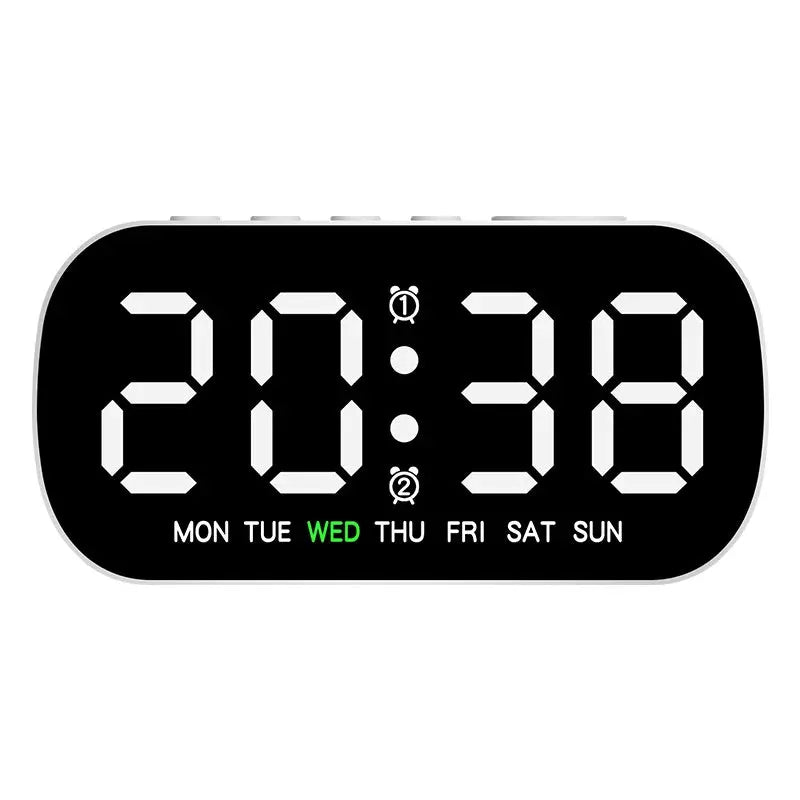 Digital alarm clock with large white LED digits on a black display and weekday indicators