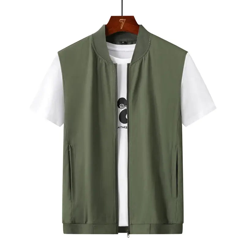 Summer ultra-thin men's sleeveless vest with front zipper in olive green over a white tee