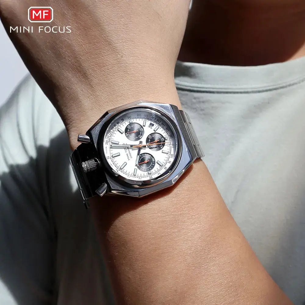 MINI FOCUS chronograph quartz watch for men by Simples Market with stainless steel strap and white dial.