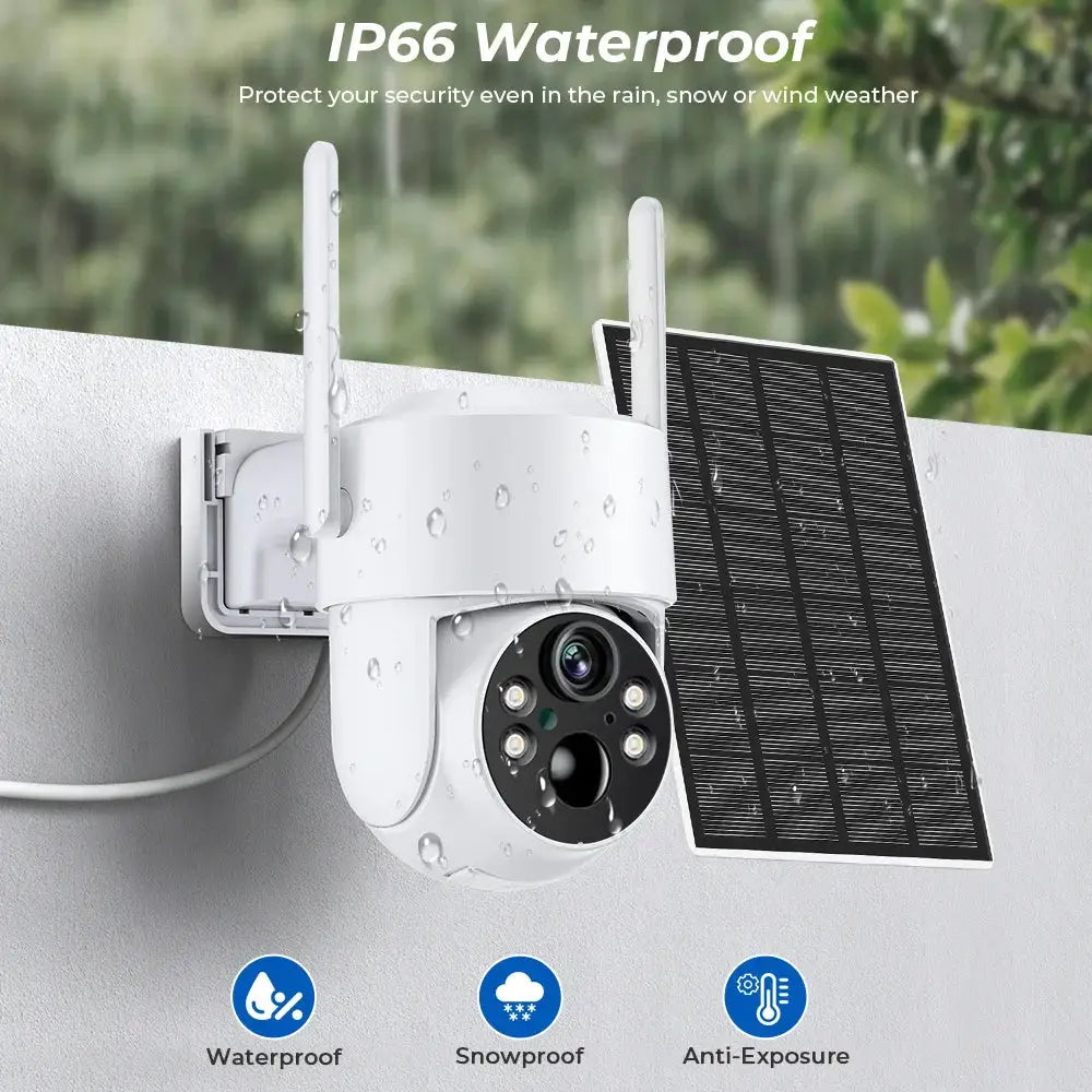 Outdoor solar WiFi PTZ camera, 4MP HD with built‑in battery, IP66 waterproof, ICsee app compatible