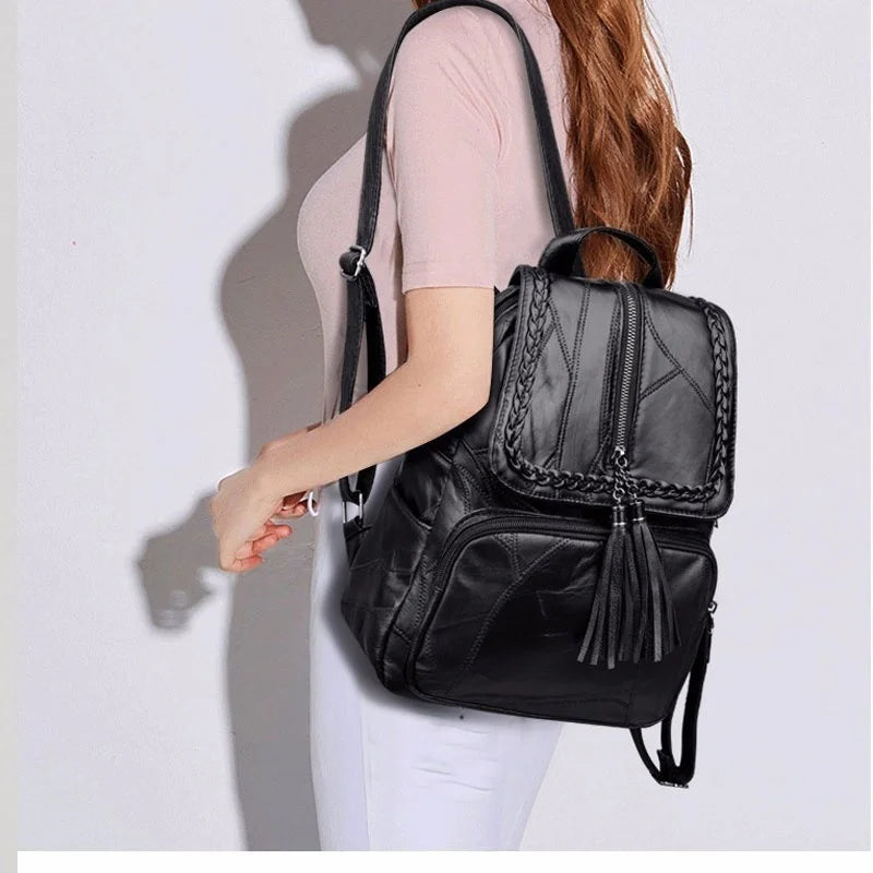 Mini men's black canvas backpack with braided trim and tassel zippers, Simples Market