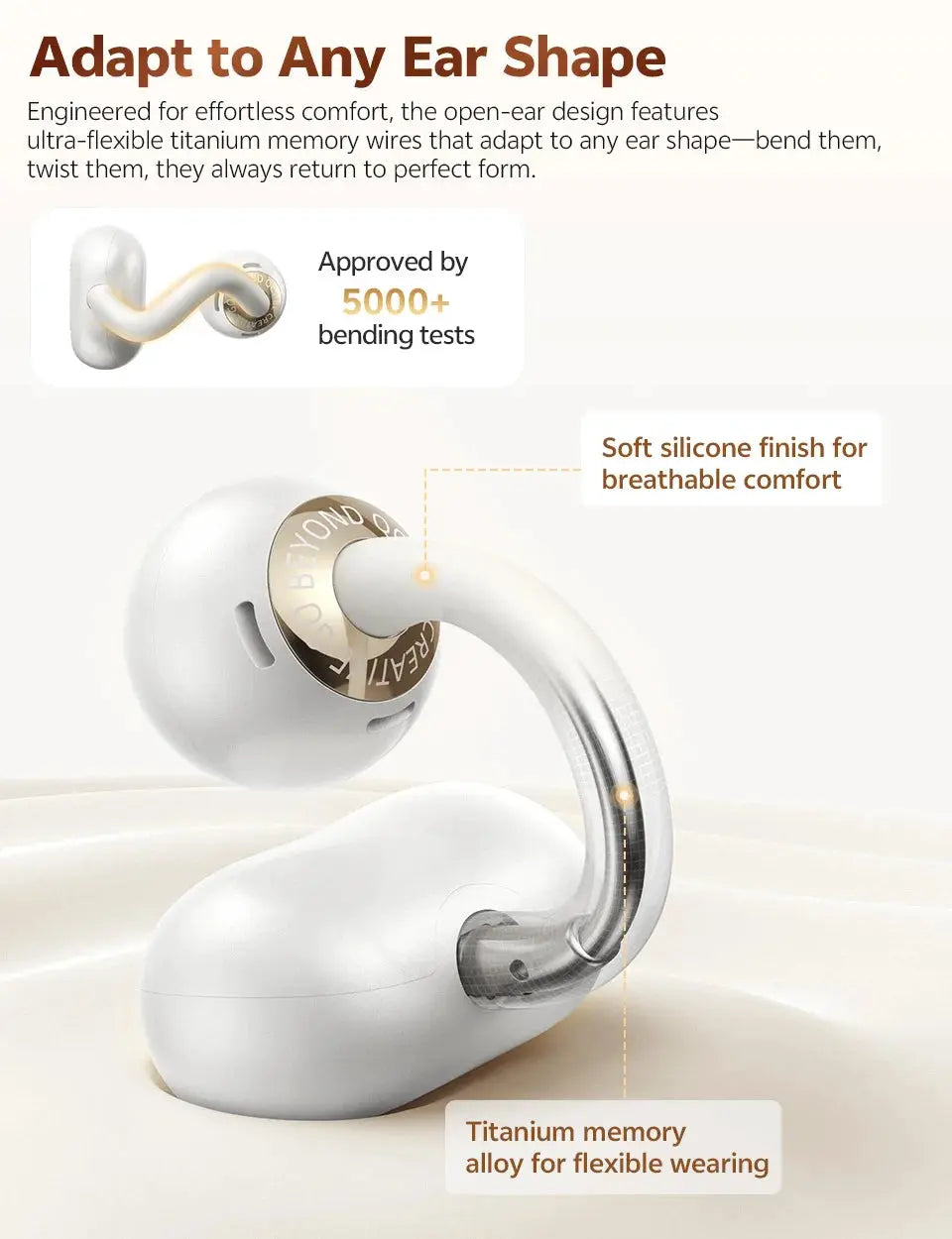 QCY Crossky C50 open-ear wireless earbuds; white pair with titanium memory alloy and soft silicone finish