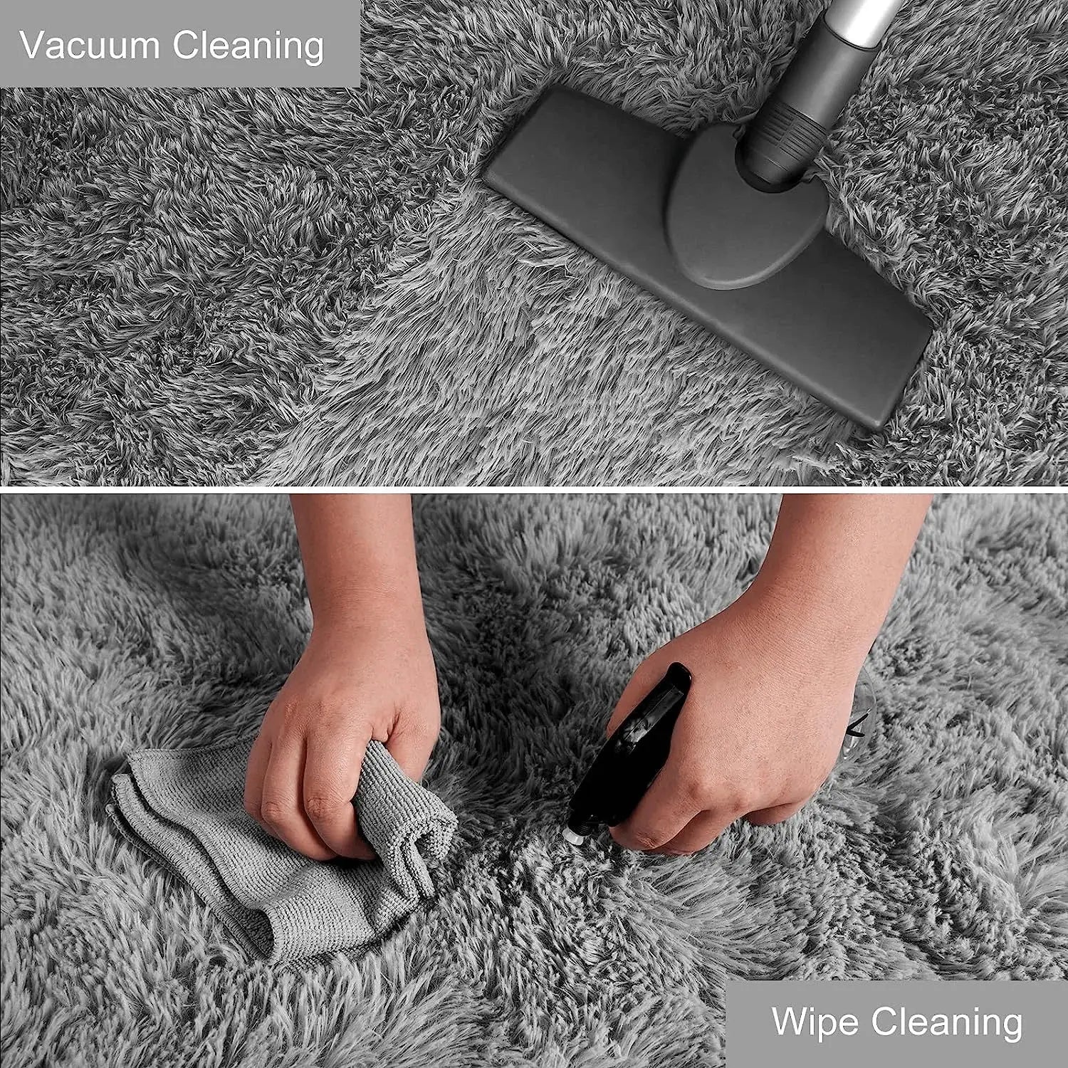 Soft gray shag area rug for bedroom or living room; vacuum and wipe cleaning steps shown