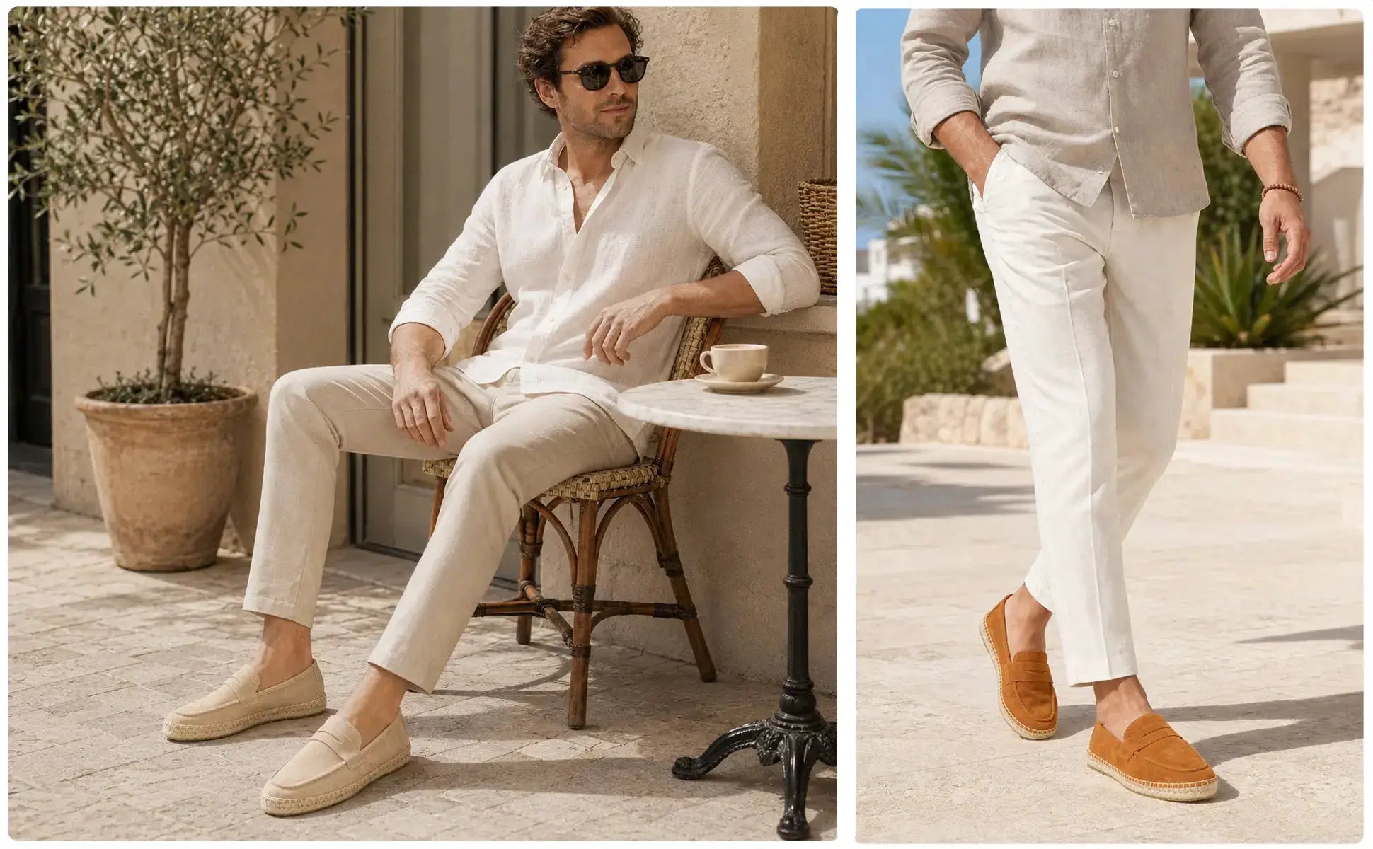 Two pairs of Simples Market men's jute espadrilles slip-on loafers in beige and tan cow suede leather