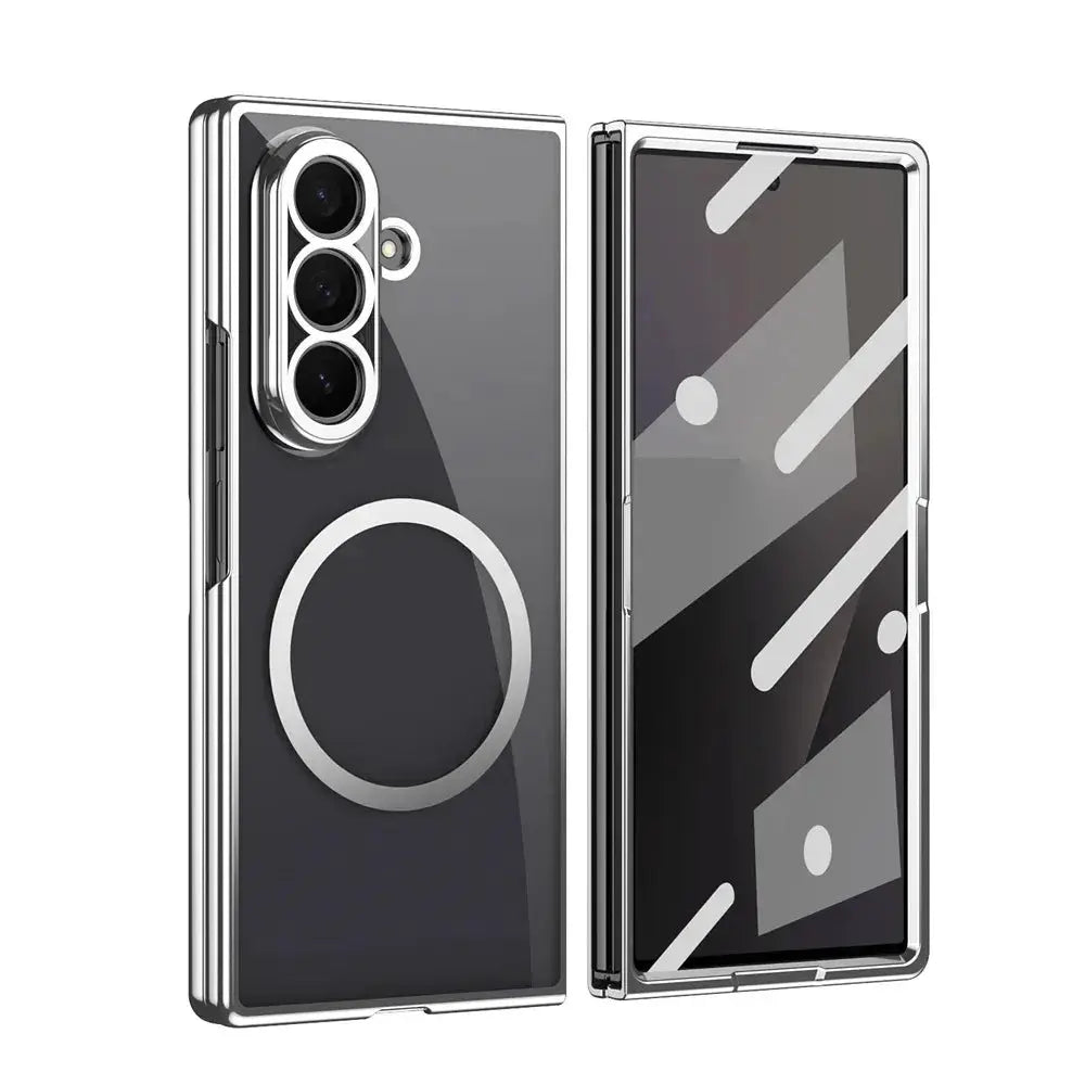 Simples Market clear magnetic case for Samsung Z Fold series; HD tempered film protection, transparent chrome frame (2 shown)