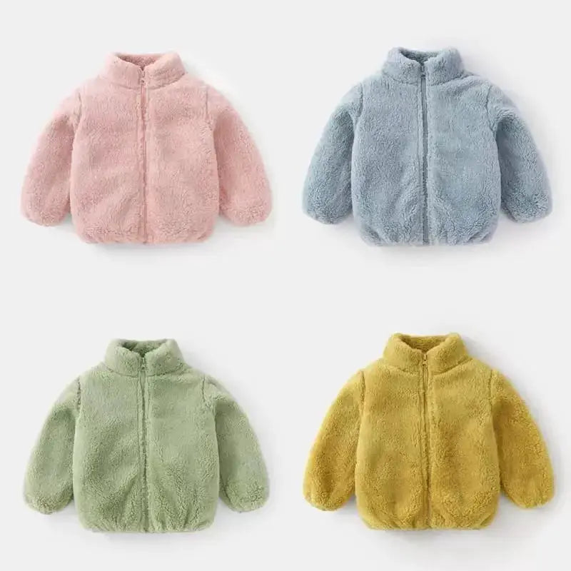 Solid Color Plush Coat For Kids Autumn Winter Warm Casual Jacket Greatcoat Outerwear Baby Boy Girl Toddler