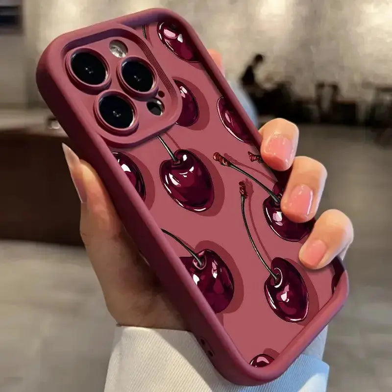 CherryLux Wine Red Cherry Print Iphone Case Soft TPU Shock Absorption For Durable Protection