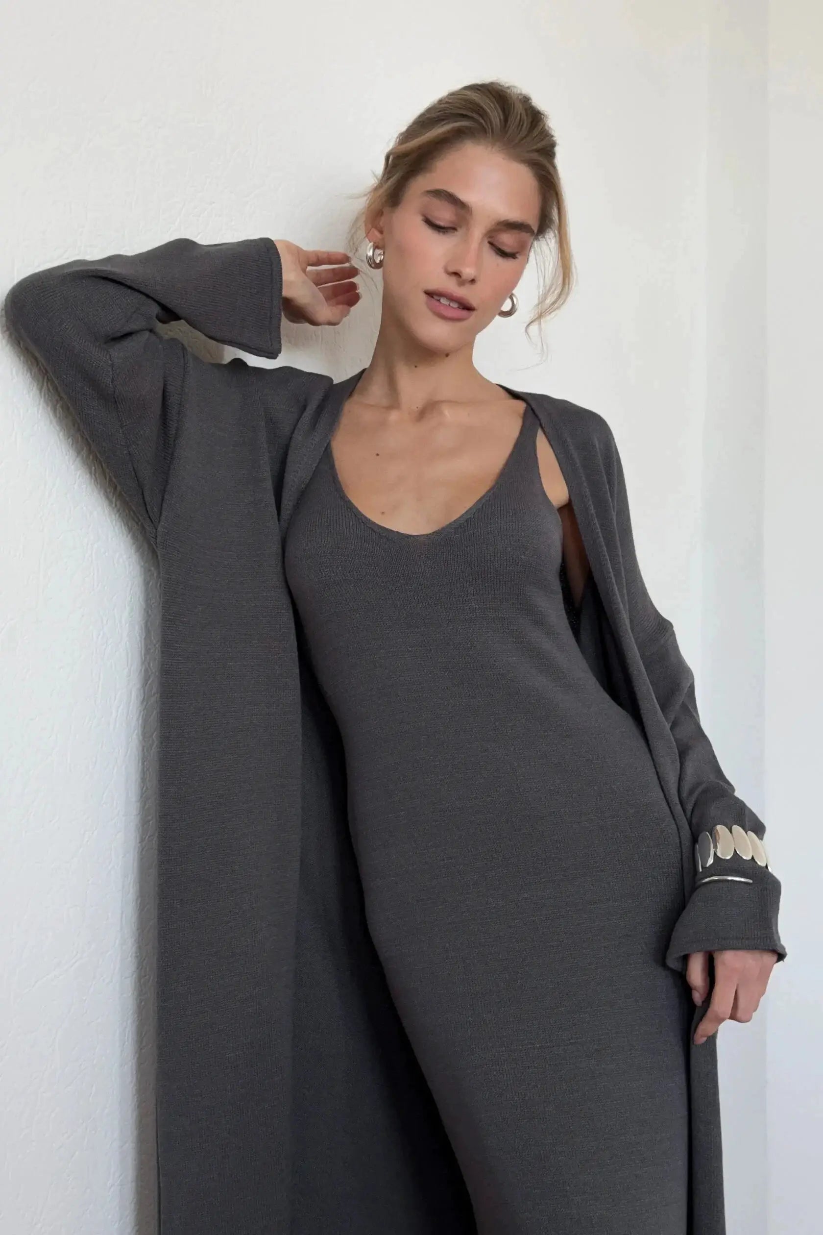 Hirsionsan Soft Loose Women Two Piece Knit Cardigan And Vest Set