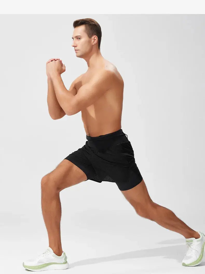 Men's black double-layer running shorts, breathable quick-dry fabric for outdoor sports.