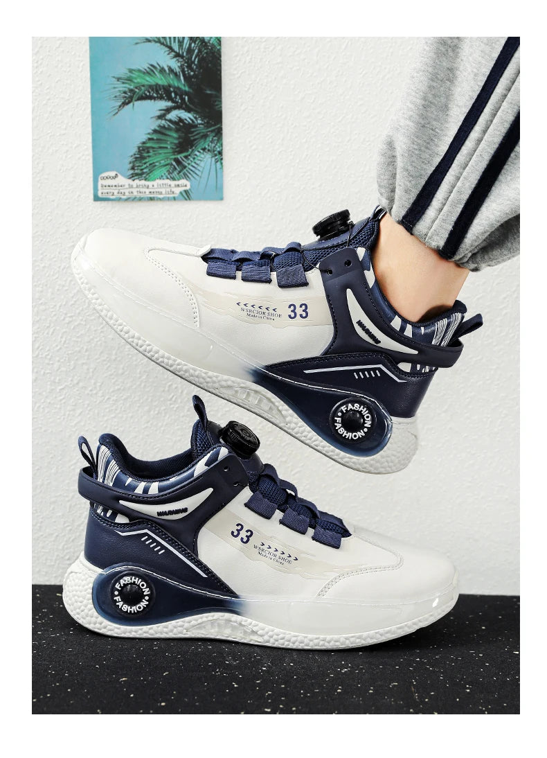 Pair of men's sneakers with rotating buckle, navy and white, non-slip sole, lace-up outdoor shoes.