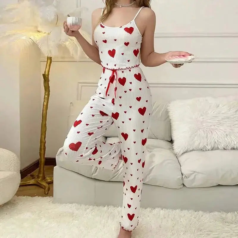 DreamWeave Heart Print Sleeveless Cami Vest And Long Pants Pajama Set Soft Stretch Knit For All Night Comfort