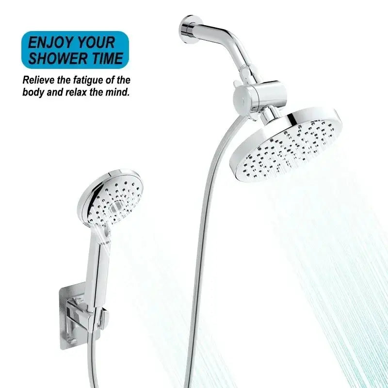 Diverter valve shower splitter in chrome with two heads (handheld and rainfall) and hose, wall-mount adapter