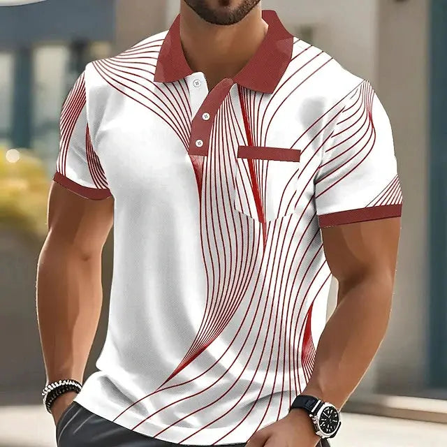 Simples Market men's polo shirt, white short-sleeve with red abstract stripe print