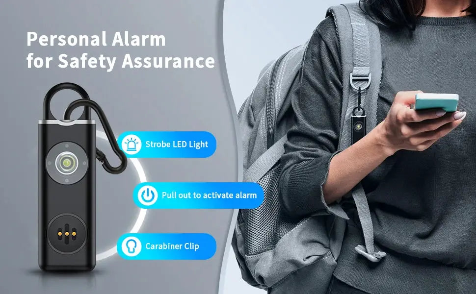 Hollarm Self Defense Personal Alarm black keychain with LED light and carabiner clip, 130dB siren