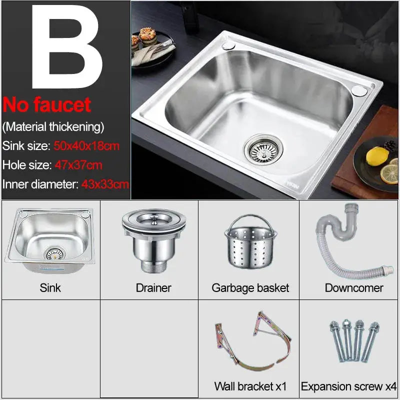 304 stainless steel wall-mounted sink with bracket; includes drain, garbage basket, downcomer, wall bracket kit.