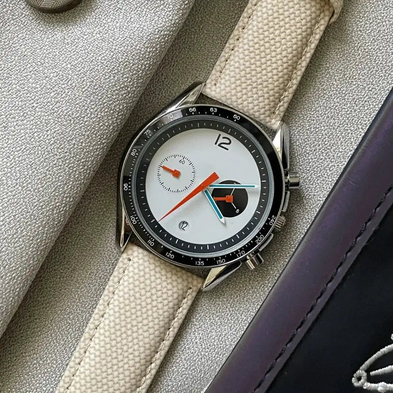 CILOA2025 men's watch by Simples Market, beige fabric strap, white dial with orange hands and black tachymeter bezel