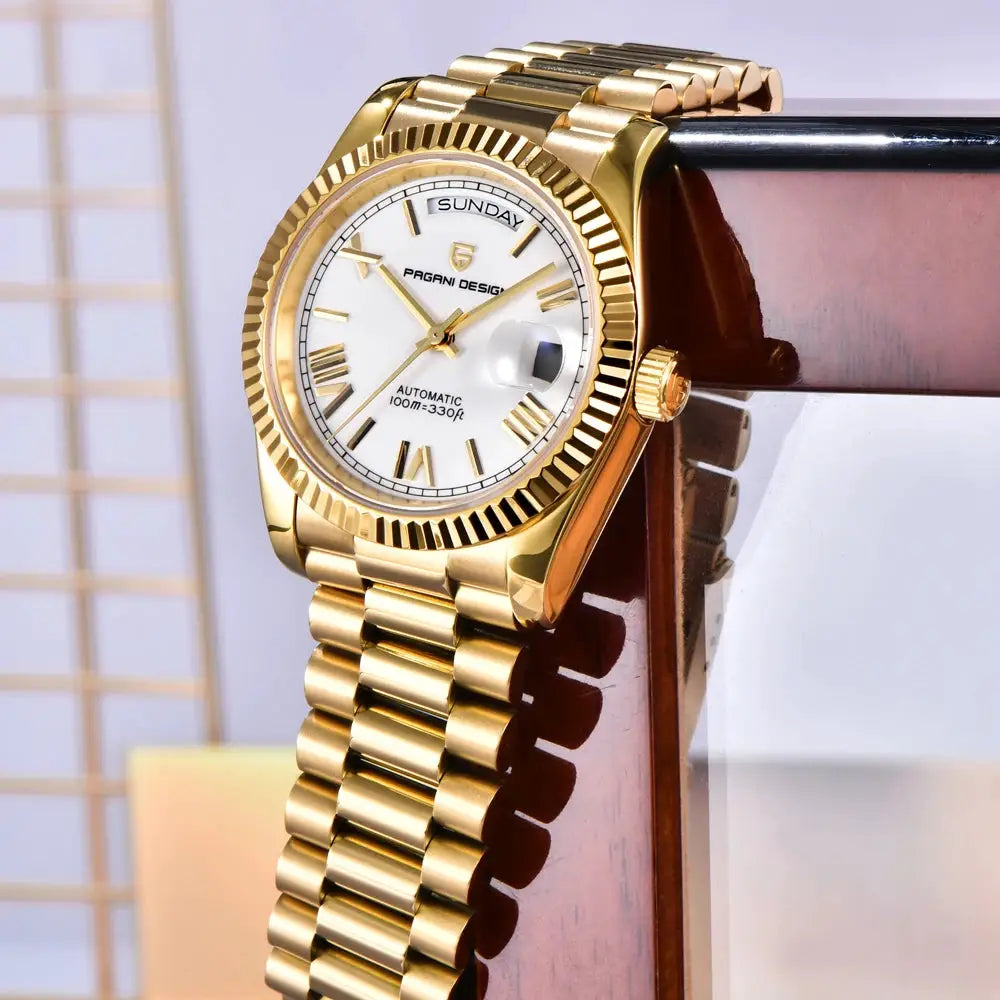 Pagani Design DD36 gold-tone men's automatic wristwatch with AR sapphire glass, white dial, and gold-tone bracelet
