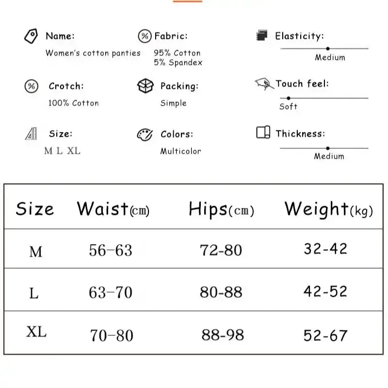 Women's cotton panties 5-piece set, multicolor, mid-waist, 95% cotton 5% spandex, soft touch; size chart M-L-XL