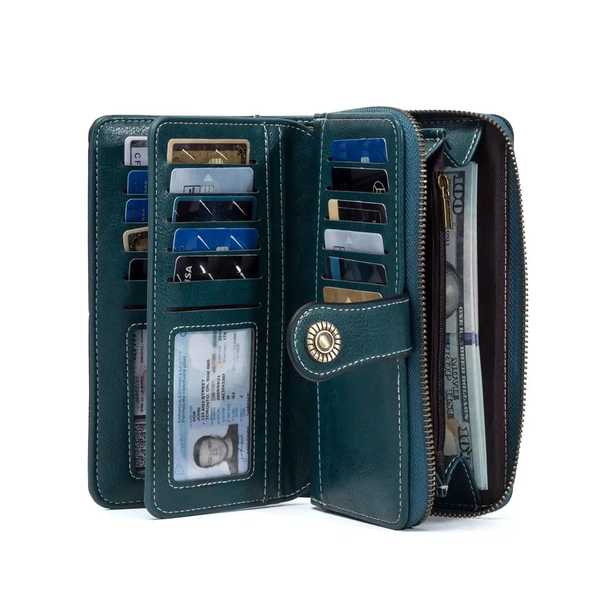 RFID anti-theft long leather wallet with multiple card slots, teal oil-waxed leather, and zippered compartment