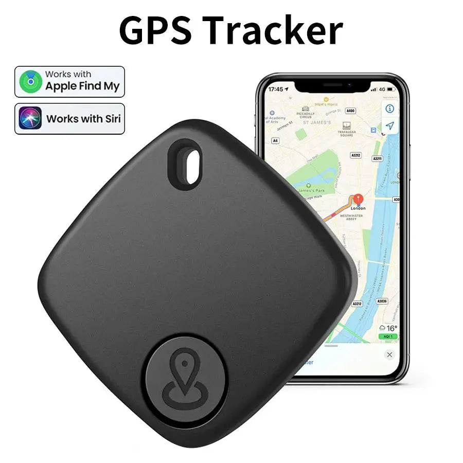 Bluetooth mini GPS tracker in black square case with pin icon, works with Apple Find My on iPhone map