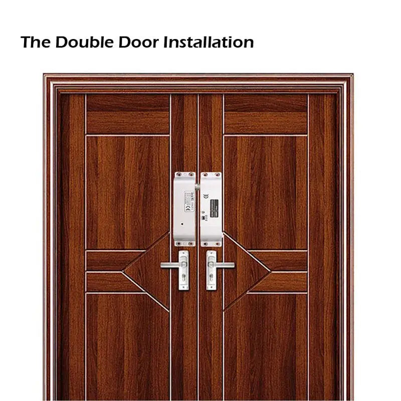 Simples Market smart electric mortise locks on double wooden doors, silver finish.