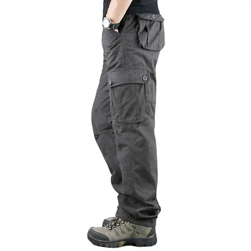 Simples Market tactical cargo pants for men in dark gray cotton, outdoor hiking trousers with large side cargo pockets.