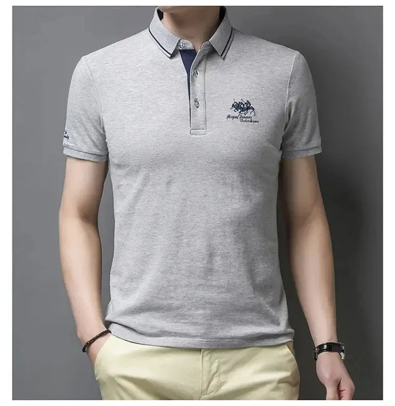 Men's grey polo shirt with short sleeves and chest embroidery, breathable lightweight fabric.