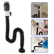 New kitchen sink drain hose, black flexible corrugated hose with fittings for horizontal or vertical installation.