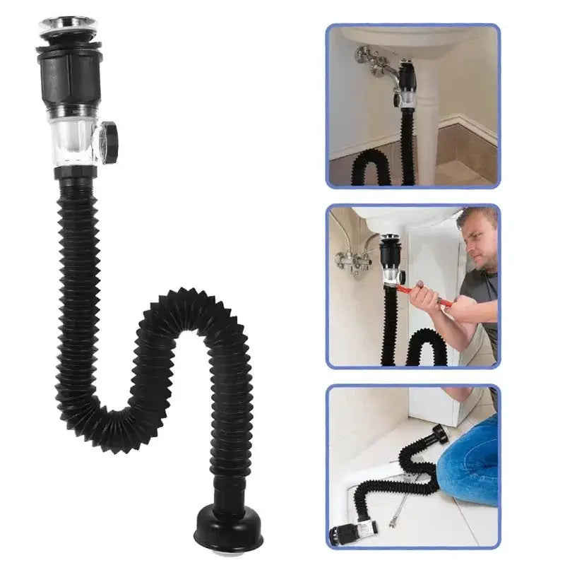 New kitchen sink drain hose, black flexible corrugated hose with fittings for horizontal or vertical installation.