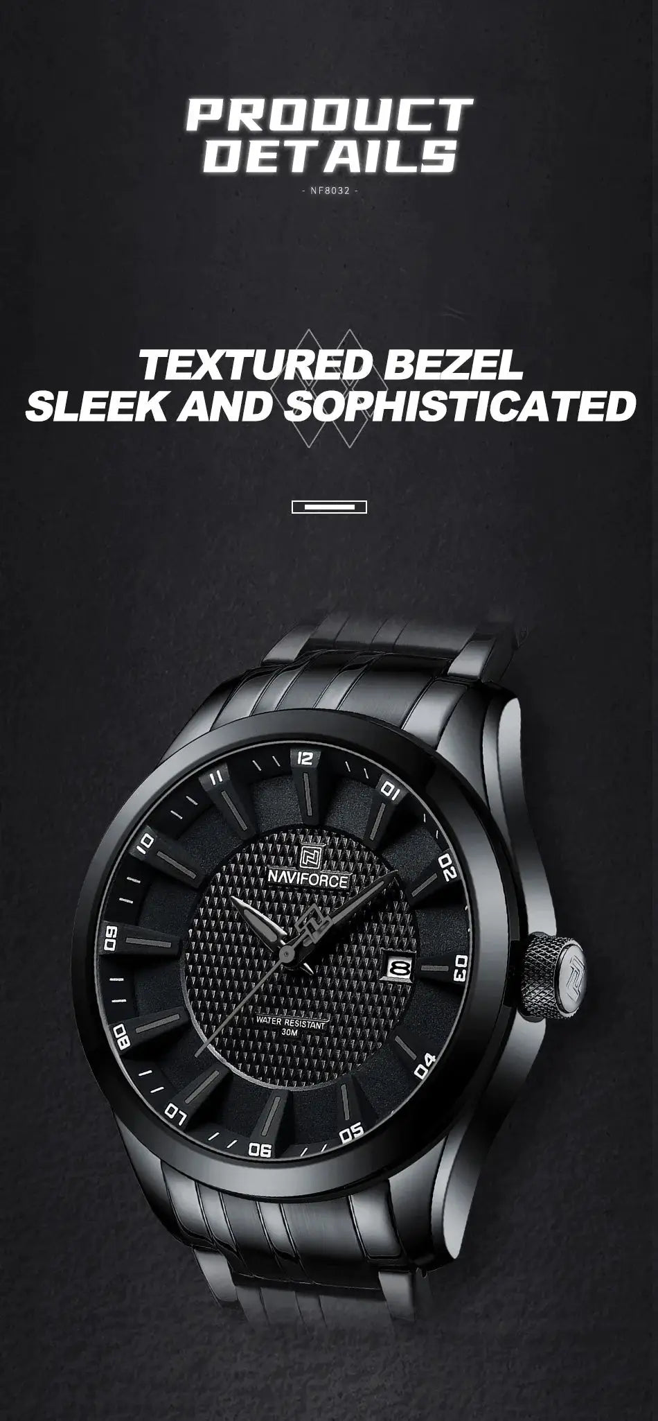 Naviforce men's watch with black dial, stainless steel strap, 30m water resistant, date display