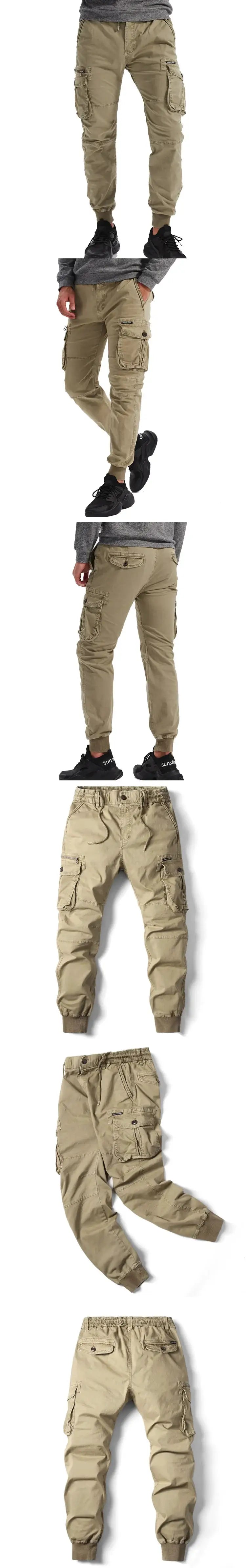 Simples Market men's cotton cargo pants in khaki with multiple pockets and jogger cuffs.